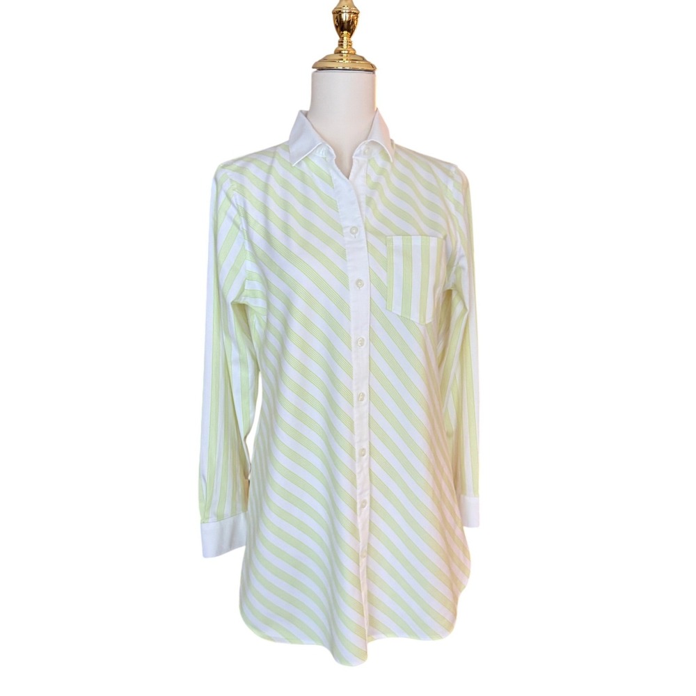 Chicos‎ No-Iron Chic Stretch Striped Button Down Shirt Lime Green White Size 0 4